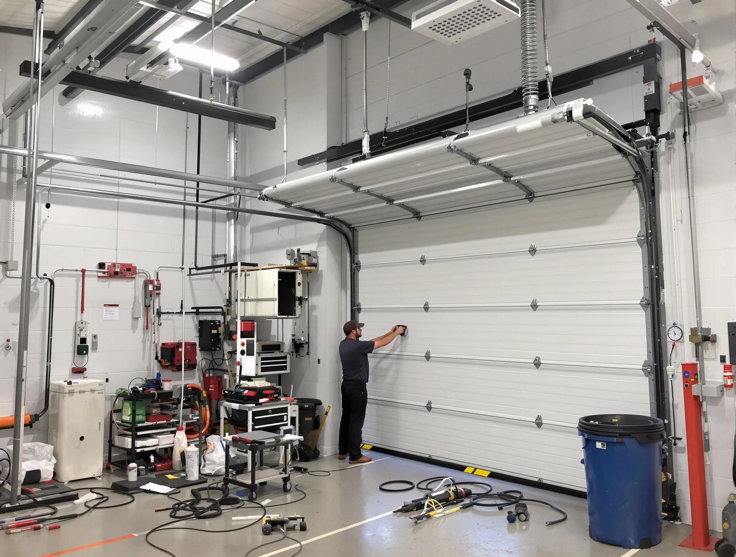 Hyrum Garage Door Repair certified technician performing commercial door repair at a Hyrum business facility
