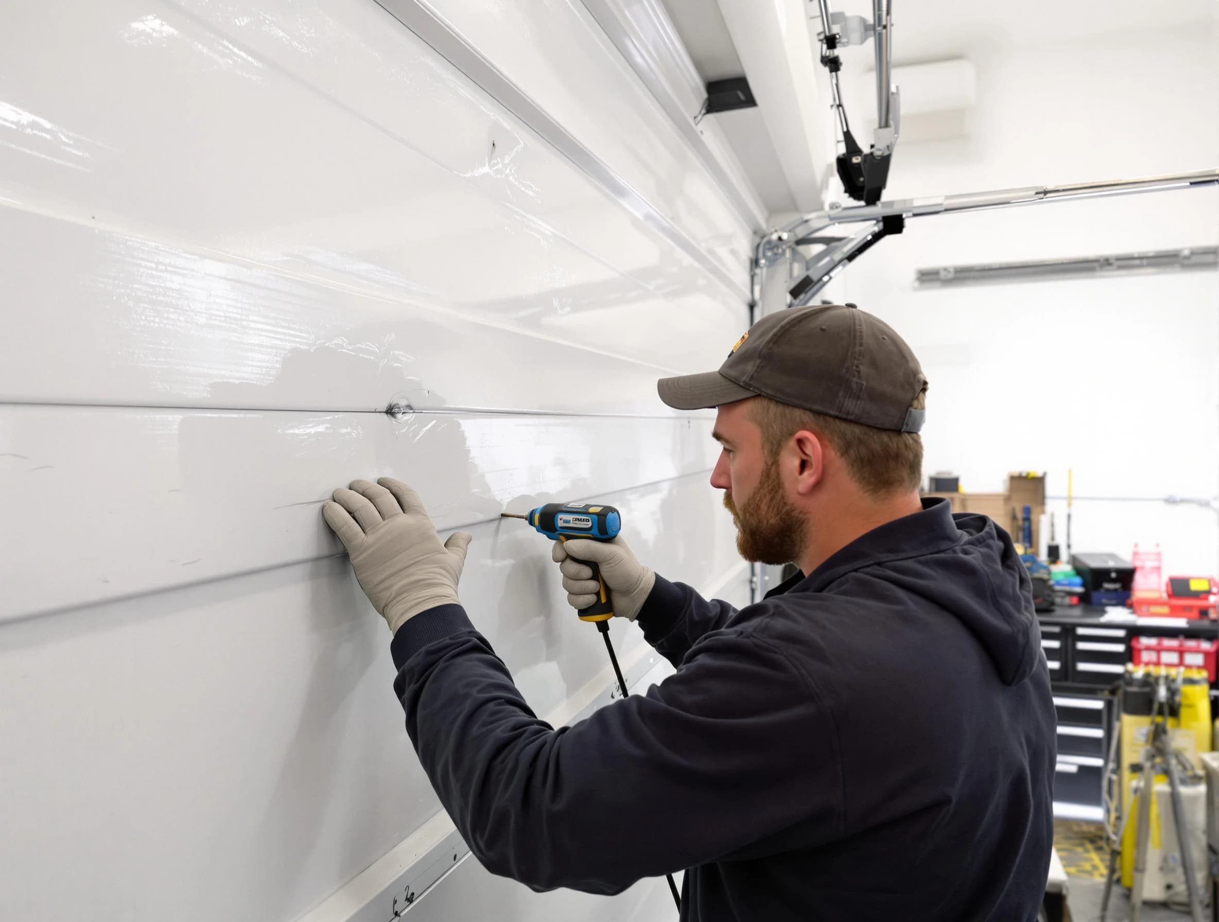 Hyrum Garage Door Repair technician demonstrating precision dent removal techniques on a Hyrum garage door